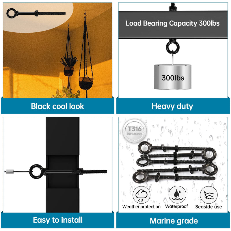[Australia - AusPower] - Muzata 5pack 1/4" x 5" Black Eye Bolt Heavy Duty Shoulder Lifting Ring Threaded Eyebolts with Nuts Washers T316 Stainless Steel Marine Grade UNC-3A CR32 