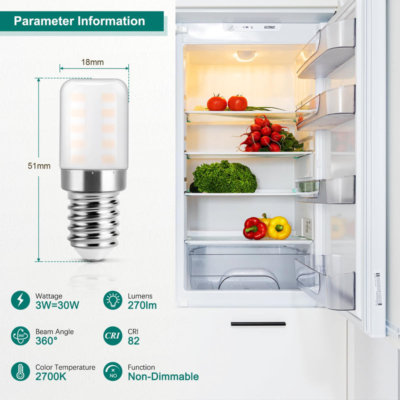 DiCuno Fridge Lamp E14 LED 3W Warm White 2700K Replaces 30W Pack of 2 | E14 LED Lamp 270 lm, CRI 82, 360° Beam Angle, Non-Dimmable, 230 V AC, for Refrigerator, Extractor, Sewing Machine, Salt Lamp