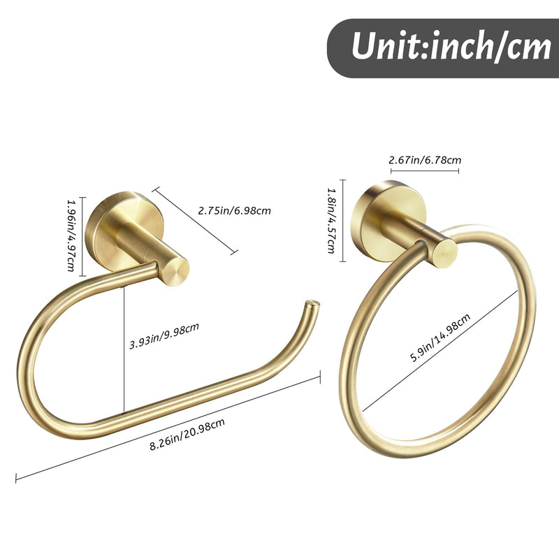 Gold Toilet Paper Holder Towel Ring,Brushed Gold Toilet Roll Holder Hand Towel Holder Bathroom Accessories,Wall Mount Rustic Modern Rustproof Stainless Steel Hardware Set 2PC Brushed Gold