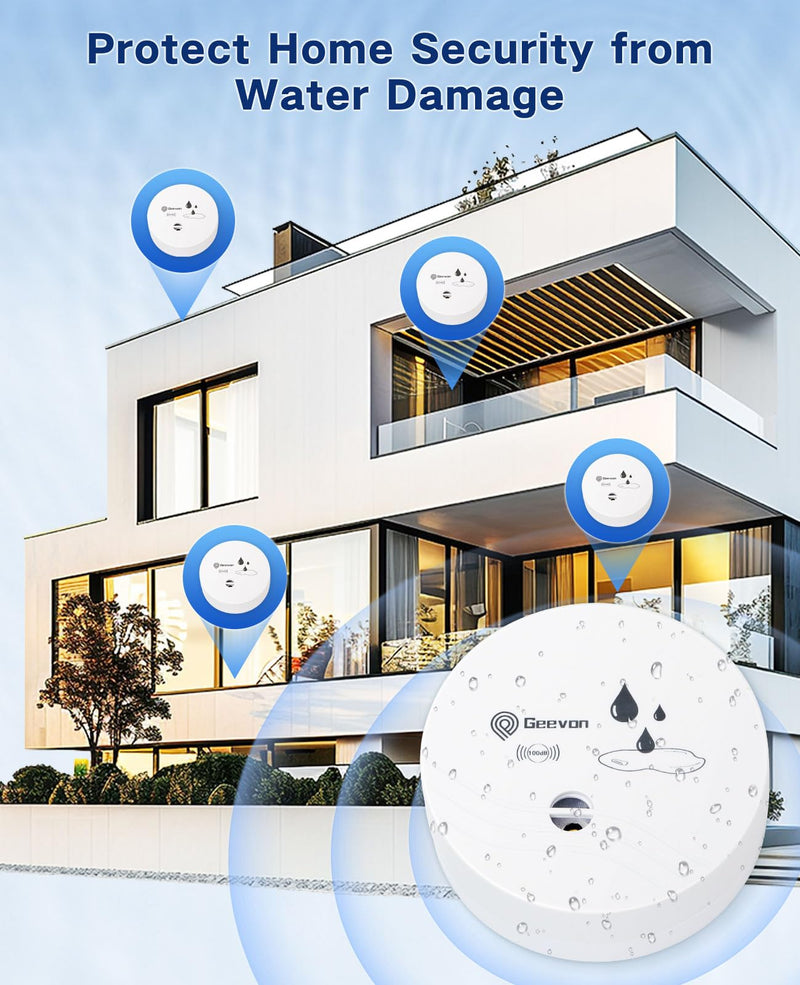 [Australia - AusPower] - Geevon 4 Pack Water Leak Detectors, 100dB Water Sensor Alarms Flood Detector for Basements, Bathrooms, Laundry Rooms, Kitchens, Garages, and Attics, Water Alarms Battery-Operated (Battery Included) White 