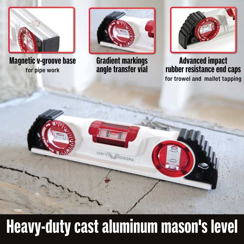 [Australia - AusPower] - Kapro - 935 Magnetic Cast Red Torpedo Level - Features Optivision, Angle Finder, and V-Groove - For Tilling, Masonry, and Construction - 10 in 