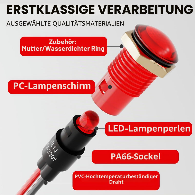 Pack of 10 8 mm LED Signal Lamp Indicator Light, Universal 12-24 V DC Round Indicator Light, Plastic Housing Warning Light, for Control Cabinet and Car Truck (Red, Green, Amber, Blue, White) Five colors 12-24 V