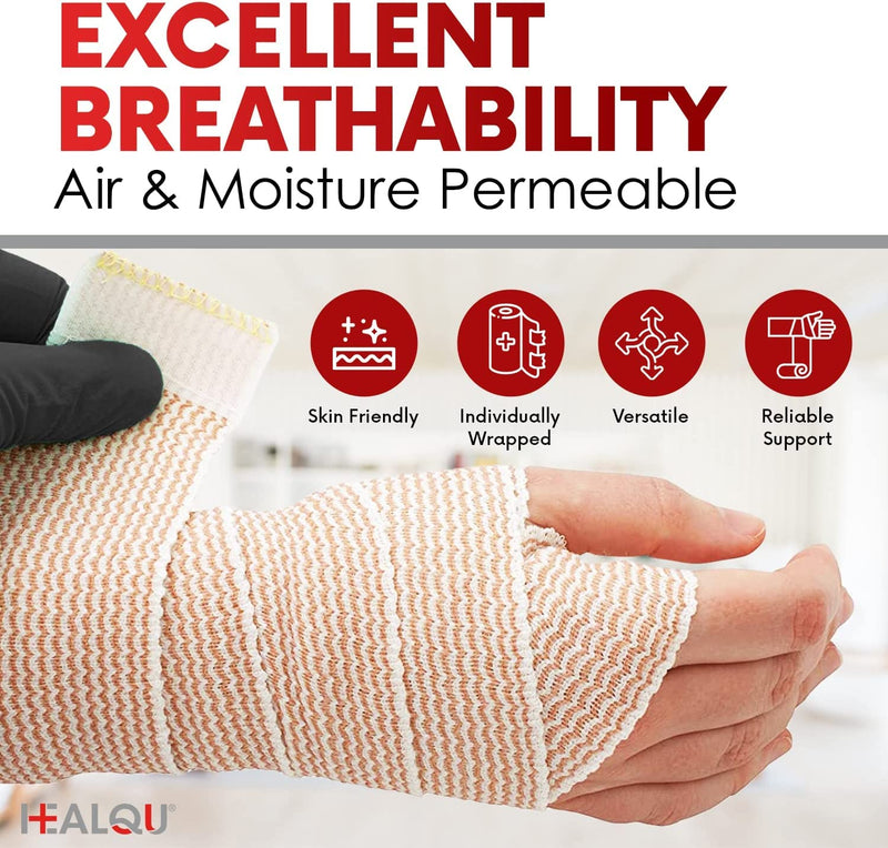 [Australia - AusPower] - HEALQU Premium Elastic Bandage - Self-Closure Compression Wrap for Legs, Knees, Ankles, Wrists, Elbows, Shoulders - 4 Inch by 5 Yards, Box of 4 Rolls Athletic Stretchable Bandage Wrap 4" Box of 4 