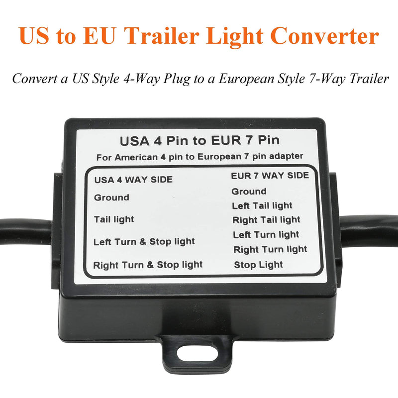 Oyviny US to EU Trailer Light Converter US 4 Way to EU 7 Way Trailer Light Adapter USA Vehicle 4-Pin Flat Plug to European Trailer 7-Pin Round Connector Plug and Play Waterproof Converter