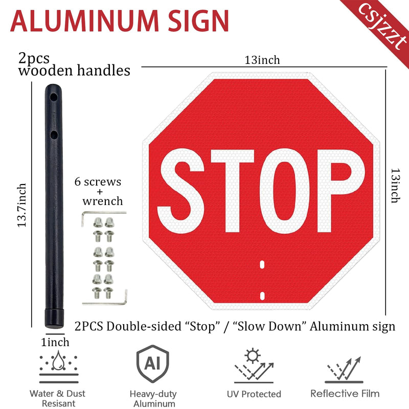 Stop Slow Sign with Wooden Handle, 2-Pack 13 x 13 Inch Double-Sided Handheld Stop Sign, Engineering-Grade Reflective Rust-Free Aluminum Slow-Down Signs, Weather- and Fade-Resistant, Easy to Mount.
