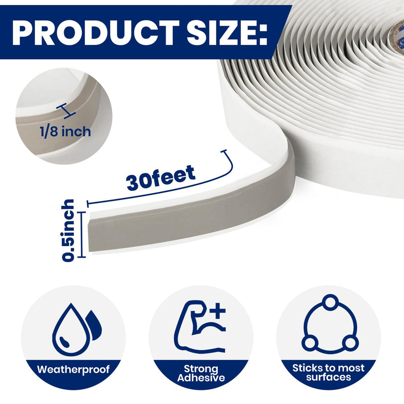 ADHES Premium Butyl Sealant Tape 1/2" x 30 'x 1/8" Gray Butyl Rubber Sealant Tape for RVs, Vehicles, Marine and Home Repair – Ideal for Headlights, Windows, Doors, and Windshields 1/2" x 1/8" x 30'