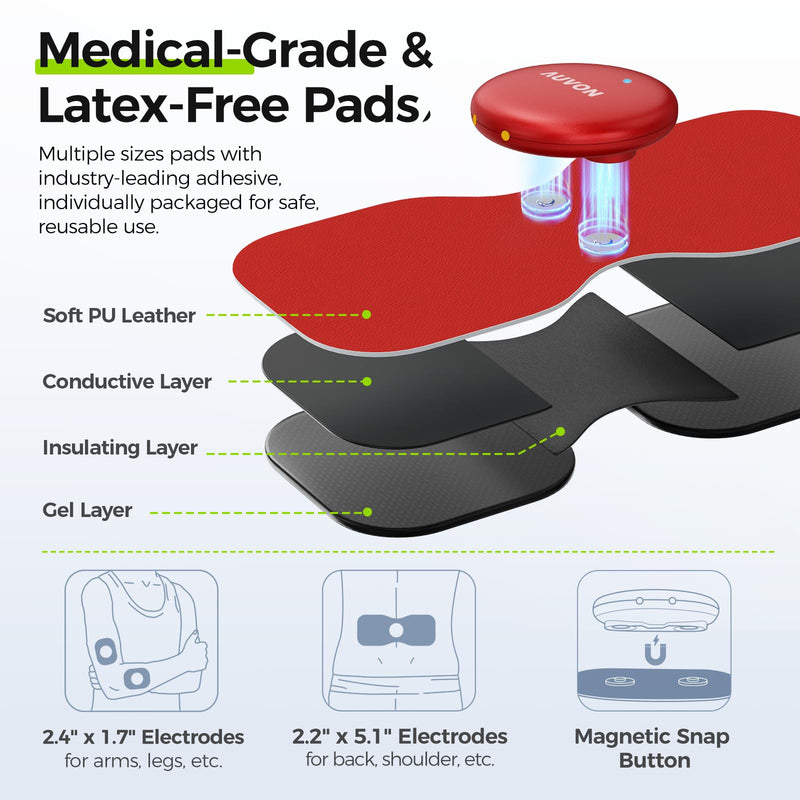 AUVON Wireless 24 Modes TENS Unit Muscle Stimulator for Pain Relief, Smart Rechargeable TENS Machine with Dual Size 6 TENS Pads for Physical Therapy, Pocket-Size TENS Device for Shoulder & Back Pain Red