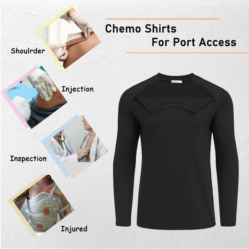 Deyeek Unisex Chemo Shirts for Port Access Chemotherapy Must Haves Long Sleeve Cancer Care Package for Men Black Large