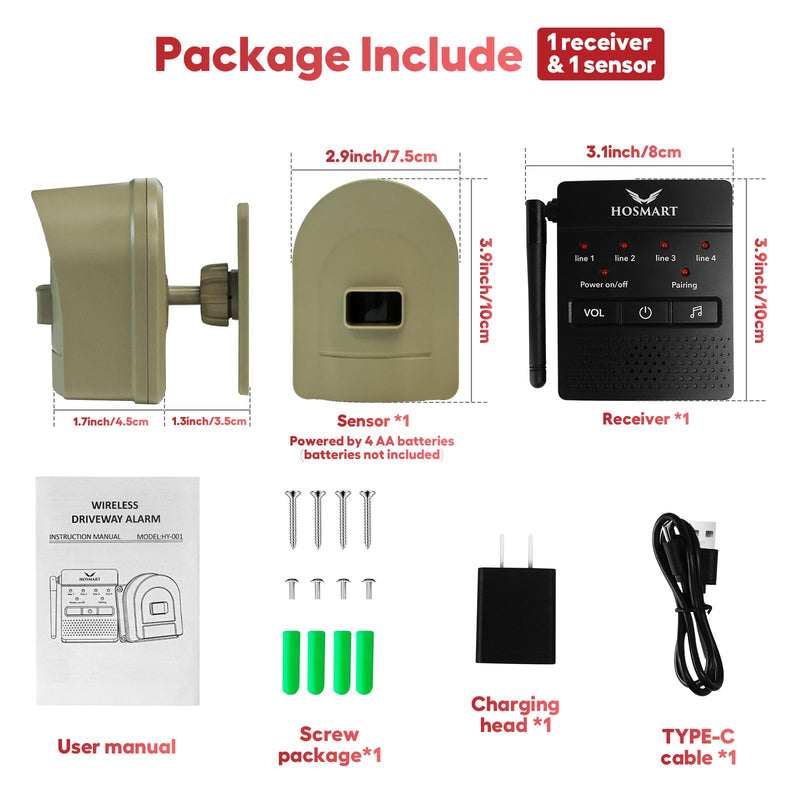 [Australia - AusPower] - 1/2 Mile Hosmart Driveway Alarm Wireless Sensor System & Driveway Sensor Alert System Weatherproof Security Outdoor Motion Sensor & Detector 1 receiver & 1 yellow sensor 