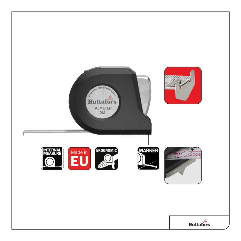[Australia - AusPower] - Talmeter Tape Measure 2 Metres I Hultafors I 7-in-1 Tape Measure with Unique Measuring and Marking Function I Accuracy Class II I Made in EU I 359103 Single 