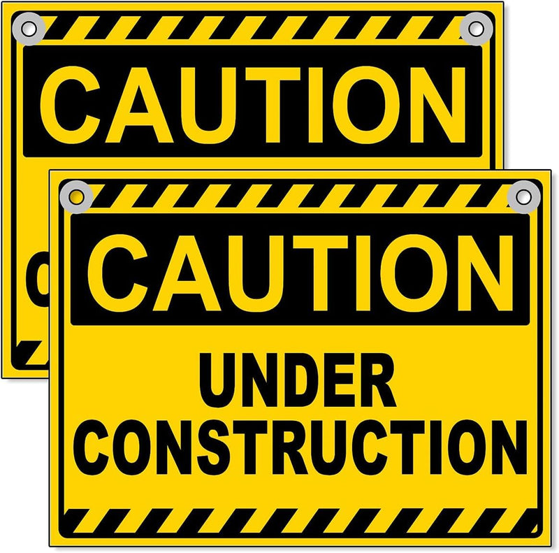 2 PC Under Construction Sign, 8x12 Coroplast Caution Construction Signs for Jobsites with Grommets