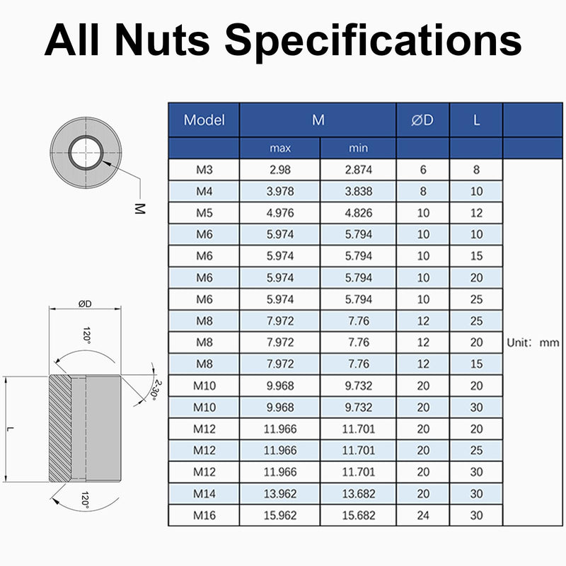 MroMax M8x30mm Round Connector Nuts, 304 Stainless Steel Threaded Sleeve Rod Bar Stud Tube Nuts for Camera Pan, Lamp Bracket, Glass Folding Dining Table Silver 5pcs