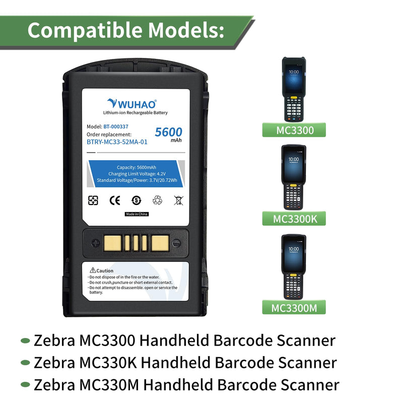 WUHAO MC3300 Battery BT-000338 BT-000337 Upgraded 5600mAh for Zebra MC3300 MC330K MC330M Handheld Barcode Scanner BTRY-MC33-52MA-01 BT-000337-01 BT-000338-01 Replacement Battery