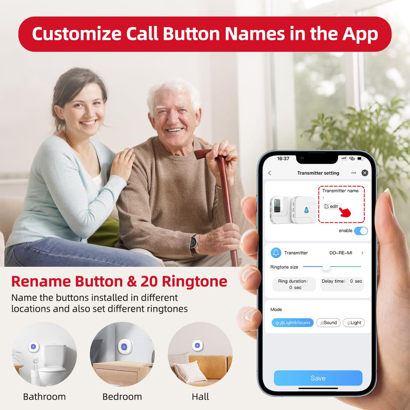 CallToU Wi-Fi Wireless Caregiver Pager Call Button for Elderly at Home , APP Emergency Alert for Seniors, Patients, and the Disabled with 1 Call Button, 1 Watch Button, 1 Receiver (2.4GHz Wi-Fi) white 2+1