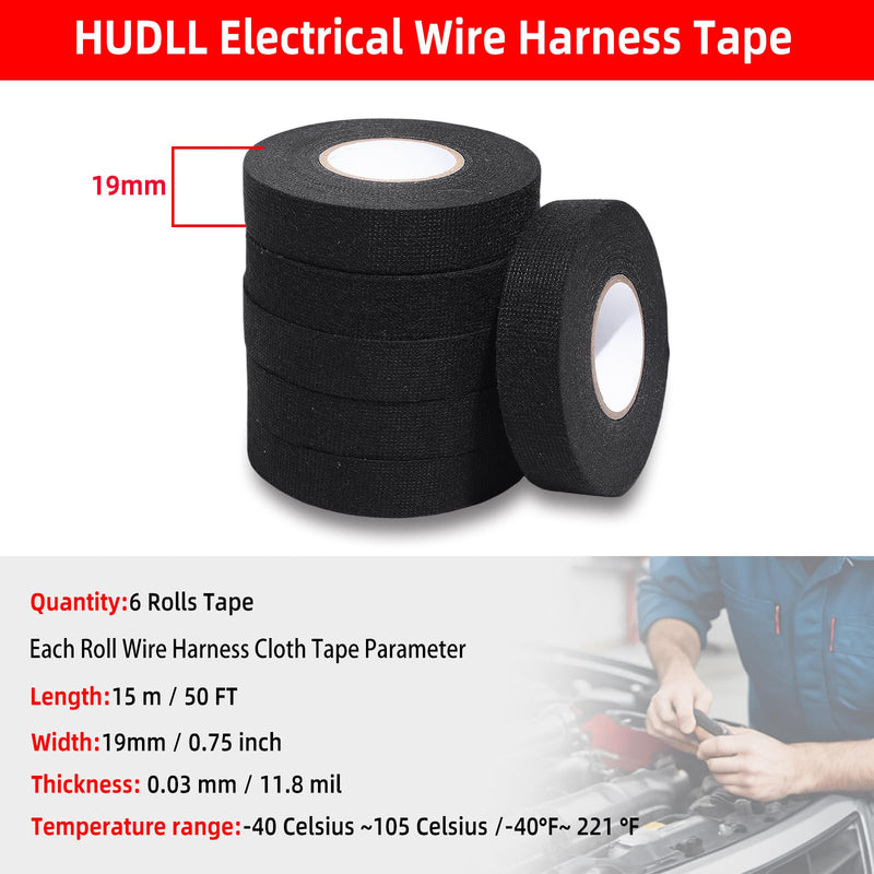 6-Pack Wire Harness Tape,Friction Tape 3/4-Inch by 50-Foot,High Temp Wire Cable Loom Self-Adhesive Tape for Automobile Electrical and Engine Wire Noise Dampening,Audio Wire Harness