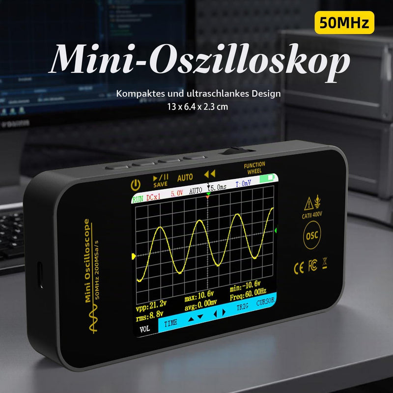 BSIDE OT5 Handheld Digital Oscilloscope Small Mini 50 MHz Bandwidth 200 MSa/s Sampling Portable Oscilloscope Rechargeable Ultra Slim with 3.2 Inch Full View Colour LCD for Car Audio Electronics