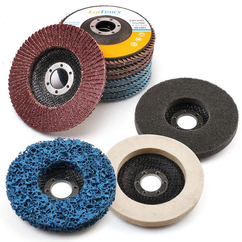 [Australia - AusPower] - LotFancy Flap Disc 4 1/2 inches, 11 Grinding Polishing Discs Set for Angle Grinder, 40 60 80 120 Grit Assorted Pack, Sanding Wheels, Strip Disc, Nylon & Felt Polishing Disc Kit 11 Pack Set 