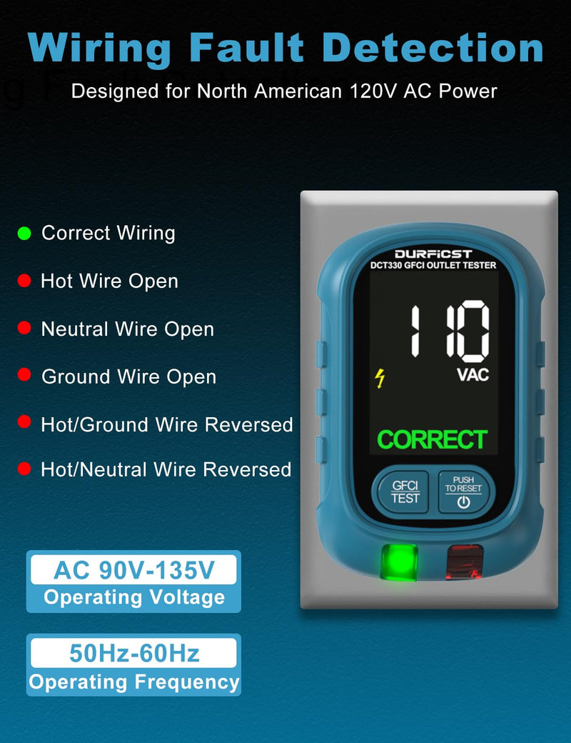 [Australia - AusPower] - DURFICST Circuit Breaker Finder with Dual LCD Display, GFCI Outlet Tester, 90-135V NCV Electrical Circuit Tracer Tool with Buzzer Alarm for Home/Workshop, Includes Carrying Case DCT330 