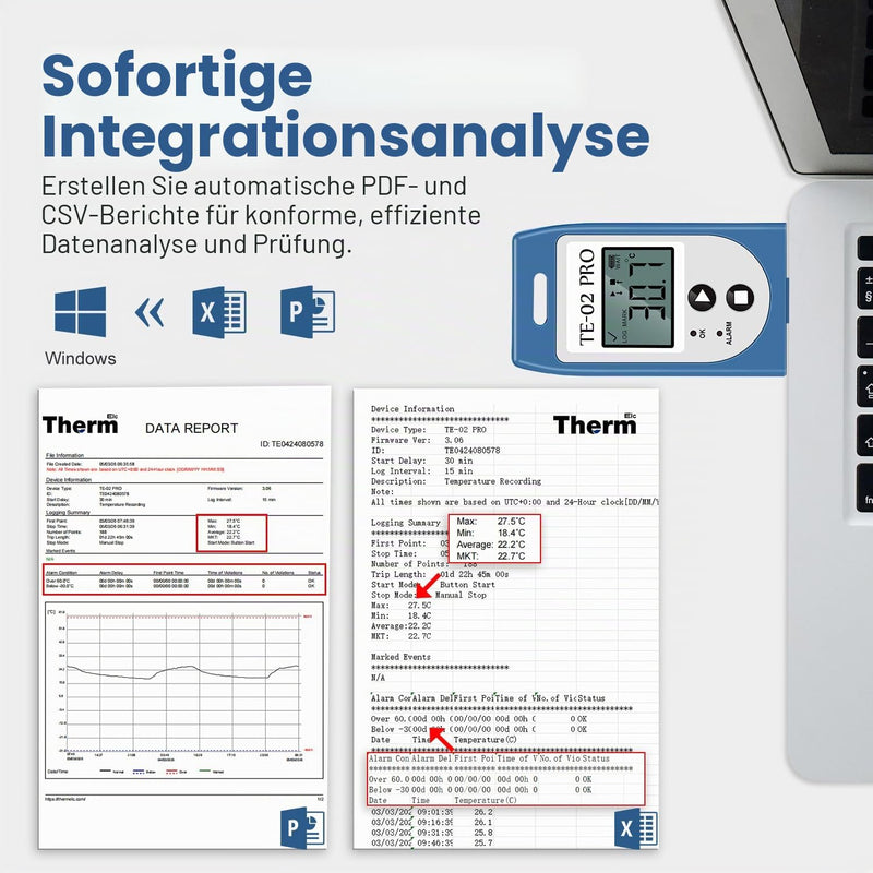 ThermElc TE-02 Pro Temperature Data Logger Automatic PDF/CSV Report, Reusable, Comparison of Data from Multiple Devices, Monitoring of Cooling, Temperature Recorder Compliant with 21CFR Part 11 TE-02 Pro 1PCS