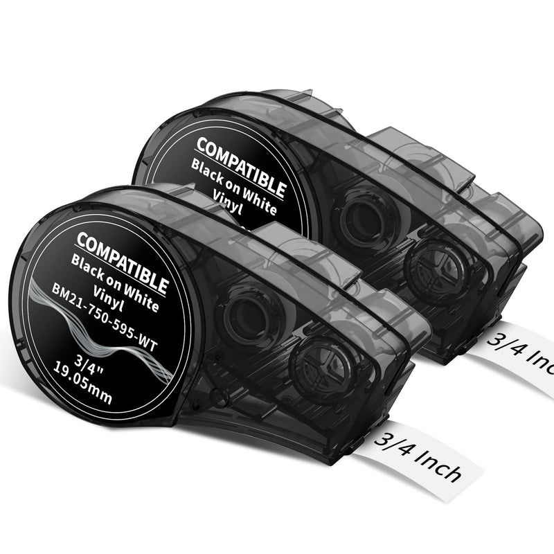 MarkDomain Compatible with M21-750-595-WT 3/4 Inch Black on White All-Weather High Adhesion Tape for Indoor/Outdoor Work with BMP21-PLUS, BMP21-LAB0, M210, M211, M210-LAB Label Printer, 0.75", 2-Pack 2PK Vinyl All-Weather High Adhesion Tapes