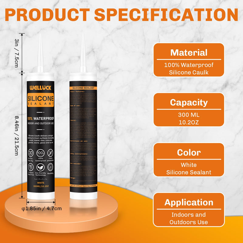 [Australia - AusPower] - WELLUCK Silicone Caulk, 100% Waterproof White Caulking Silicone Sealant Flexible Cartridge Adhesive for Kitchen, Bathroom, Window, Door, Glass, Bathtub, Shower, RV, Auto Leak Sealing (10.2 OZ, 1Pack) 
