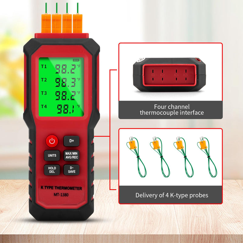 [Australia - AusPower] - YZT Meter 4-Channel K-Type Temperature Thermometer Measurement Range- 328℉~2501℉,Temperature Data Logger Comes with 4 PCS Thermocouple Probe Sensor Red 