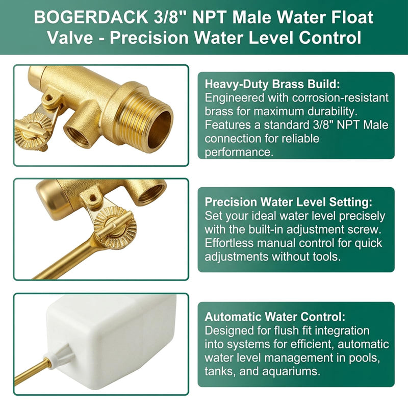 [Australia - AusPower] - 2PCS 3/8" NPT Male Water Float Valve, Automatic Fill and Water Level Control Valve, with Brass Adjustable Arm, for onds, Fountains, Tanks & Aquariums 