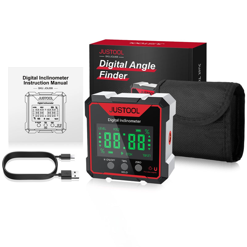 [Australia - AusPower] - JUSTOOL Digital Level Box Angle Finder Gauge with Electronic Laser 4-Side Strong Magnetic Angle Gauge Backlight Inclinometer Rechargeable Angle Measuring Device for Woodworking Renovations Red 