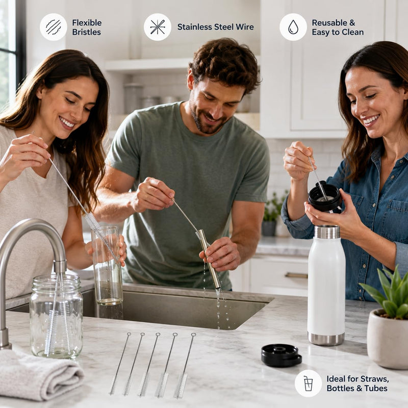 5-Piece Tube Brush Set with Wooden Handle - T-shaped Cleaning Brushes Diameter 8/12/15/20/25 mm - Stainless Steel Brushes for Drilling Holes, Pipes, Straws, Bottles, Kettles and Hard to Reach Place