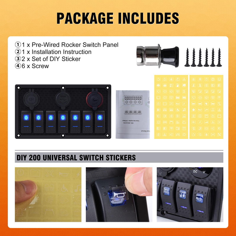 7 Gang Boat Switch Panel Waterproof, Marine Rocker Switch Panel 12-24V with Dual USB Charger and Fuse, Suitable for RV UTV Truck(On/Off Blue LED Plastic-LED blue 7 gang