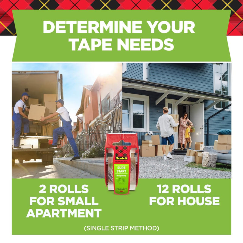 Scotch Sure Start Packing Tape, Clear, Quiet Unwind and Easy Start, 1.88 in. x 22.2 yd., 6 Tape Rolls with Dispensers 6 Rolls