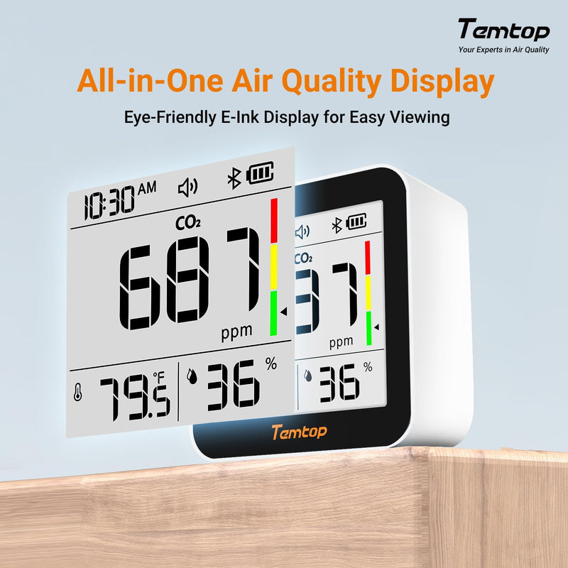 [Australia - AusPower] - Temtop CO2 Bluetooth Meter Room Air with App Connection, Real Time CO2 Monitoring, Temperature & Humidity, Alarm Function, for Healthy Air Quality Home and Office, C10-2ND Co₂ With App 