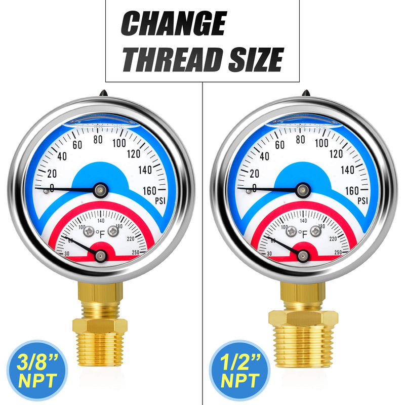 [Australia - AusPower] - MEANLIN MEASURE 2PCS 0-160Psi Stainless Steel Thermal Pressure Gauge 30-250℉ 1/4" NPT 2.5" FACE DIAL Liquid Filled Pressure Gauge, with 1/2" NPT and 3/8" NPT Hex Bushing, Lower Mount Liquid Filled/2PCS 