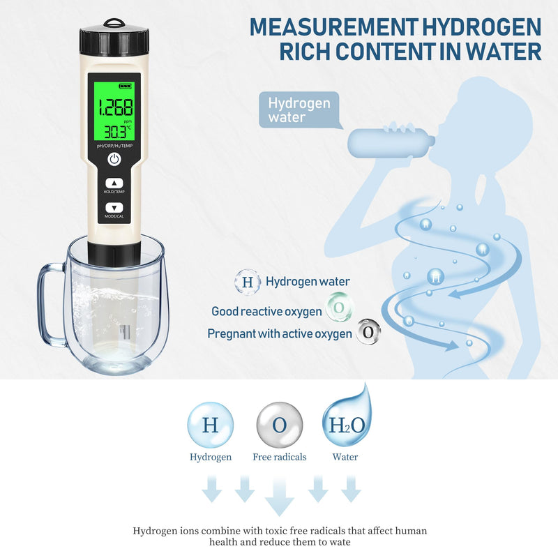 [Australia - AusPower] - Hydrogen Water Tester 4 in 1 PH,H2,ORP&Temp,pH Meter ORP Meter Hydrogen Tester for Water with ATC & Backlight,Accurate Hydrogen Water ppb/ppm Meter 