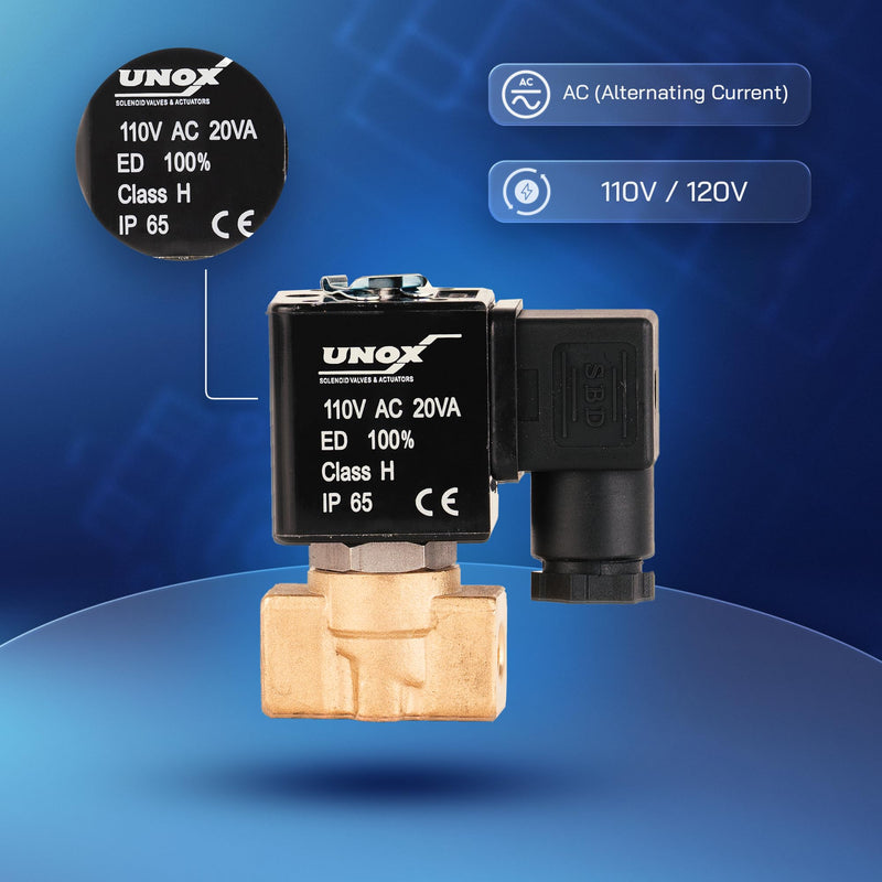 UNOX 1/8" NPT Solenoid Valve 110V AC, Brass Control Valve Normally Closed - 0-232 PSI Multi-Purpose Reliable Control Valve for Water, Air, and Gas - Solenoid Valves 0.125 Inch
