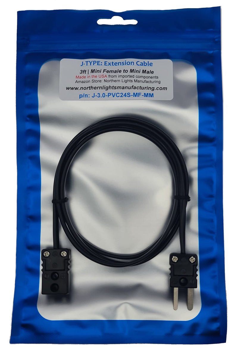 [Australia - AusPower] - J-Type Industrial Thermocouple Extension Lead Wire, Type J Mini Female to Mini Male Connector, 3 ft (1 Yard / .91 m) 