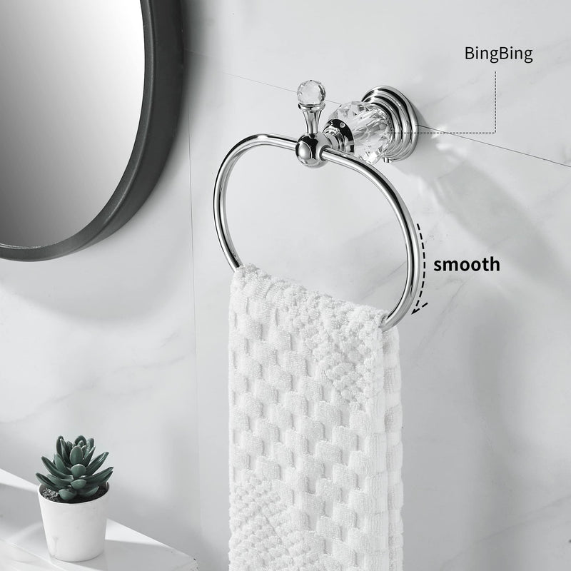WOLIBEER Chrome Towel Ring,Crystal Hand Towel Holder,Bath Oval Hand Towel Rack Hanger Wall Mounted Bling Bathroom Accessories