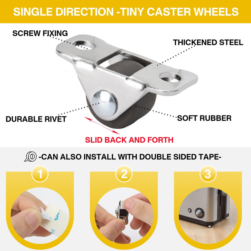 [Australia - AusPower] - 8Pcs 1/2 Inch Mini Caster Wheels Low Profile, Self Adhesive Single Direction Tiny Wheels, Little Rubber Rolling Wheels with Steel Top Plate for Small Appliances,Furniture,DIY Project (Non Swivel) 8 
