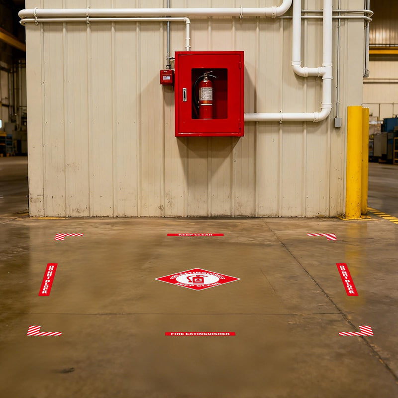 2 Pack Fire Extinguisher Signs Self Adhesive Keep Clear Do Not Block Floor Sign with Strips Waterproof Vinyl Fire Extinguisher Floor Marking Kits for Business Warehouse Office Red