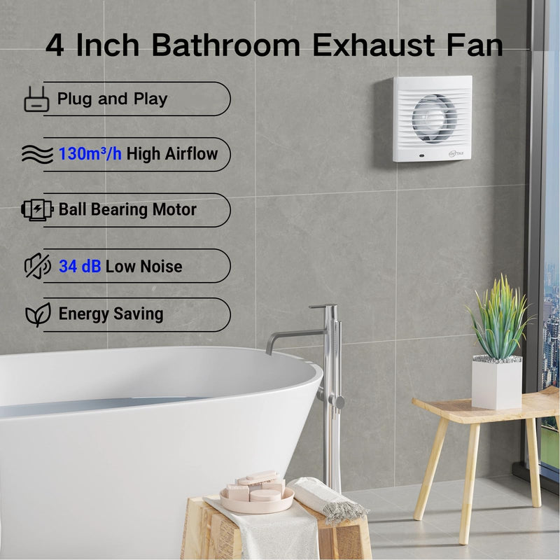 4 Inch Wall Mount Bathroom Exhaust Fan, Plug in Wall Exhaust Fan, 12W 77 CFM Bathroom Window Fan with Backdraft Damper for Kitchen, Garage, Office, 34 dB, White E10-Plug