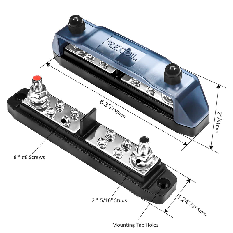 RECOIL BBPG5 Busbar Positive and Negative 2 x 5/16” Studs and 8 x #8 Screw Terminals Power Distribution Block with Ring Terminals Discrete Two Sets of 1x5/16" Studs & 4 Screws