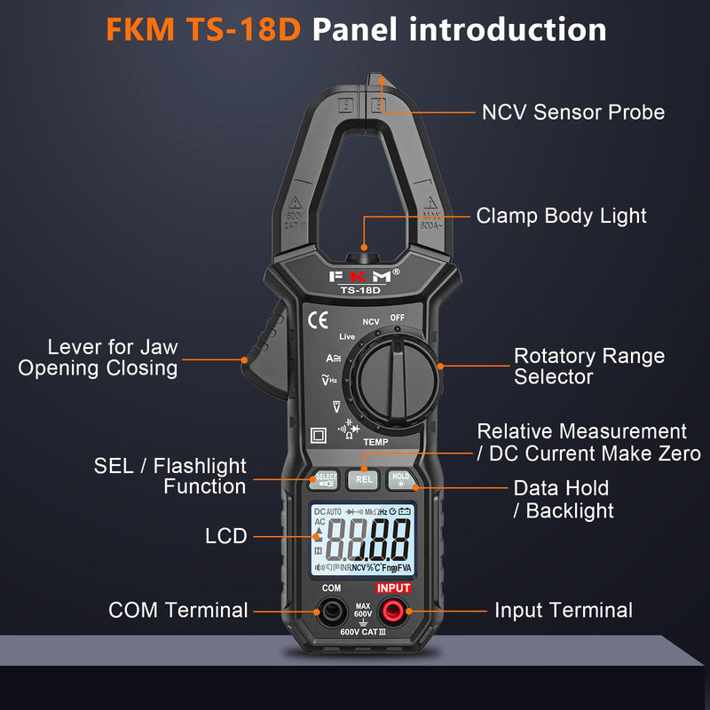 [Australia - AusPower] - FKM AC/DC Amp Clamp Meter Multimeter Tester TRMS 6000 Counts Auto-ranging Smart Digital Voltage Tester,for AC/DC Current/Voltage,NCV Detection,Capacitance,Resistance,Ohm,Continuity,Diode,Hz,Temp Test Black-(AC/DC Current)Clamp Meter 