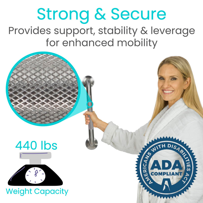 Vive Textured Shower Bars for Elderly | Metal Bathroom Safety Rail, Anti-Slip Shower Handle, Stainless Steel Wall Handrail, Heavy Duty Handicap Support, 440 lb 16" (Inches)