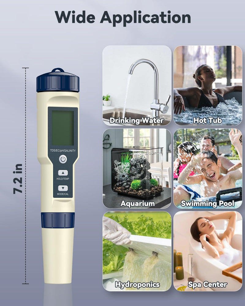 [Australia - AusPower] - Pawfly Pool Salt Tester & pH Meter, 5 in 1 pH Salinity TDS EC & Temperature Meter, Digital Salinity Tester TDS Meter for Swimming Pool Drinking Water Aquarium Hot Tub Saltwater & Spa 5-in-1 Digital Water Tester 
