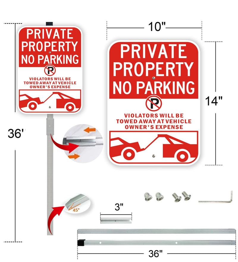 2Pack Private Property No Parking Signs with 36" Stake, Violators Will Be Towed Away at Vehicle Owner's Expense Signs, 14"×10" Reflective Aluminum Sign, Fade Resistant, Including Screws