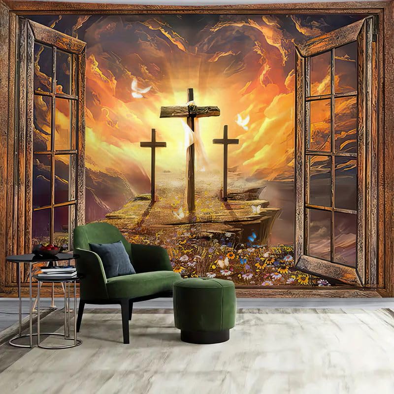FENDROM Jesus Christ Cross Sunrise Tapestry Sunset Sepulcher Lord Pray Easter Crucifixion Religious Belief Wall Hangings Decor Large Tapestry for Bedroom Living Room Dorm College Church Man Cave 59"L x 51"W