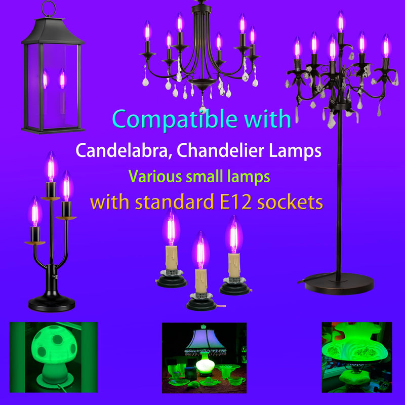 TITO 6 Pack E12 B11 395nm Dimmable Candle Black Light Bulbs Halloween Party | 4.5W Filament Candelabra Bulb 60W Equivalent｜360° Full Glow｜Low Heat｜Glow Party Fluorescent Decor Uranium Glass Curio Display