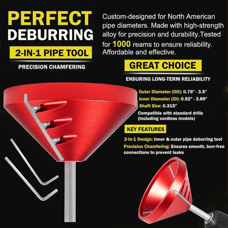 [Australia - AusPower] - 2 in 1 Inner-Outer PVC Deburring Tool, Chamfer Reamer Inner-Outer Pipe Beveler for 0.75" to 3.5" OD & 0.92" to 3.89" ID PVC, CPVC, ABS, PP, PE Pipes – 3 Sharp Blades, Fits Standard Drills 