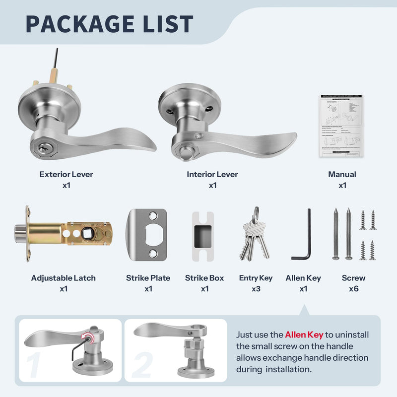 Wave Style Door Lever Keyed Entry Door Handle with Lock, Entrance Lever Reversible for Left/Right Handed for Office or Front Door with Satin Nickel Finish, 1 Pack Keyed Entry (With Lock & keys)