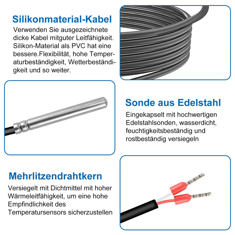 [Australia - AusPower] - PT1000 Temperature Sensor 5 m, Digital Waterproof Temperature Sensor with Waterproof Stainless Steel Sensor and Silicone Material Cable up to 200 °C Compatible with Raspberry Pi (Pack of 1) 5M 